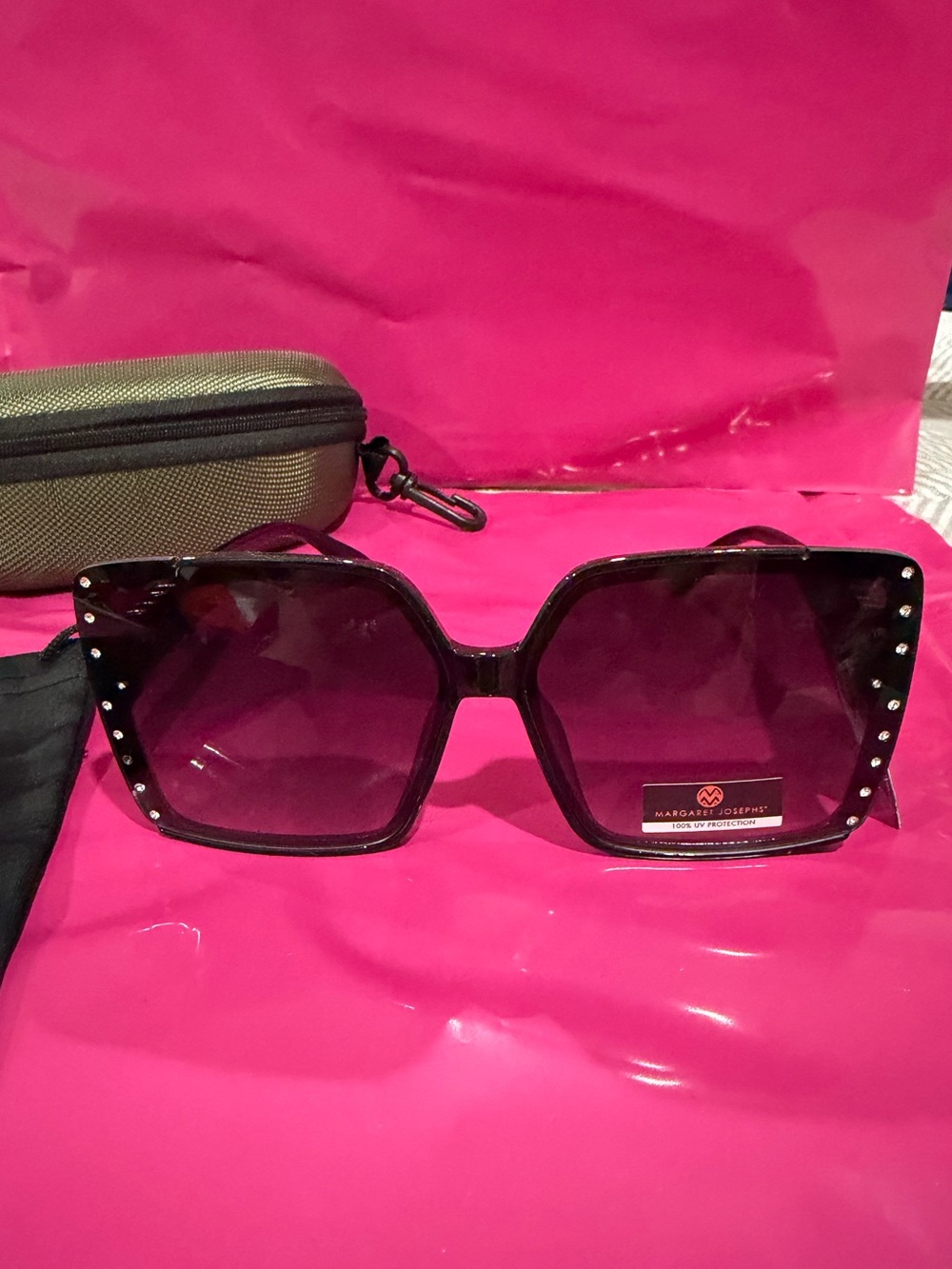 Margaret Josephs oversized square sunglasses black plastic frames rhinestone new